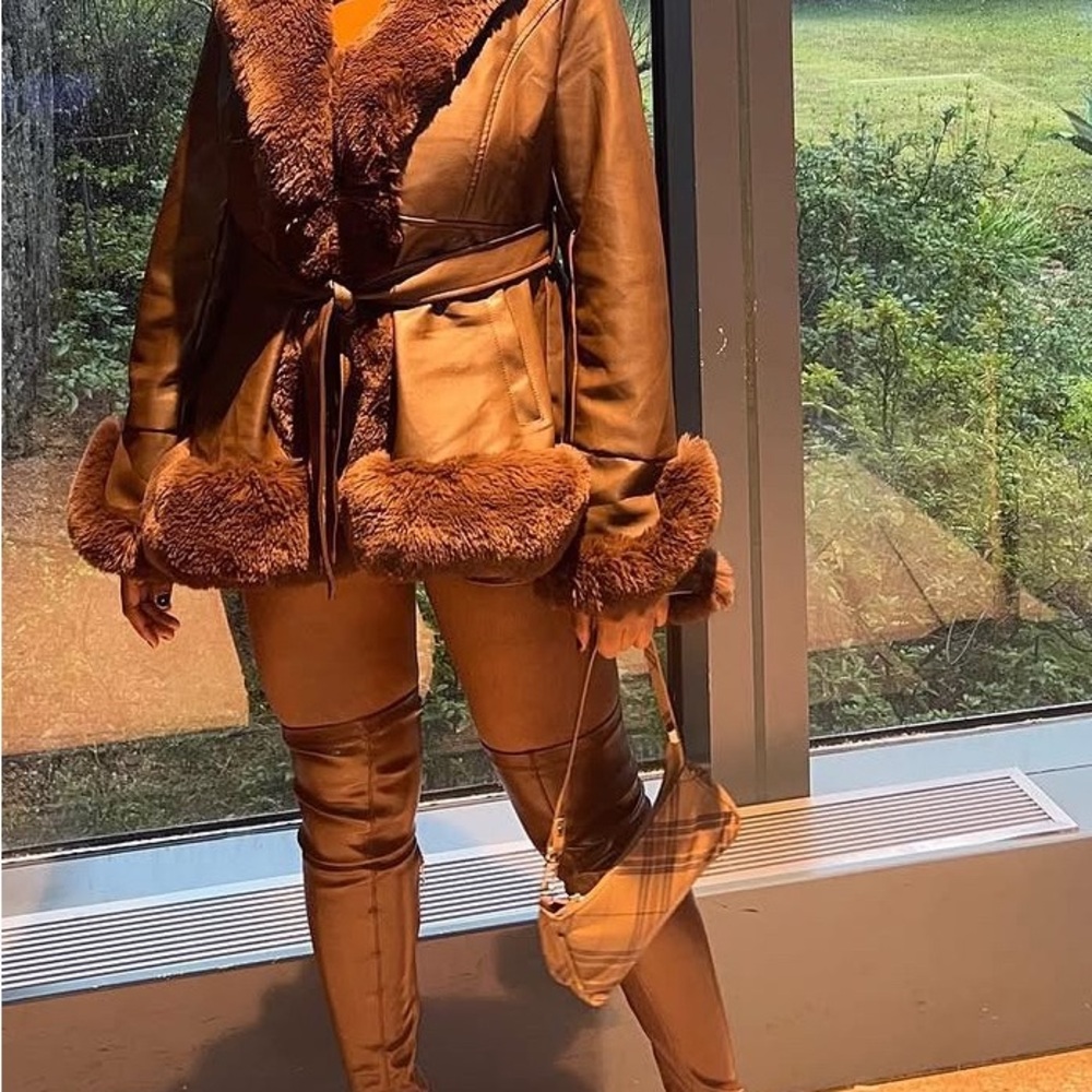 Brown Faux Fur Shearling Trim Jacket